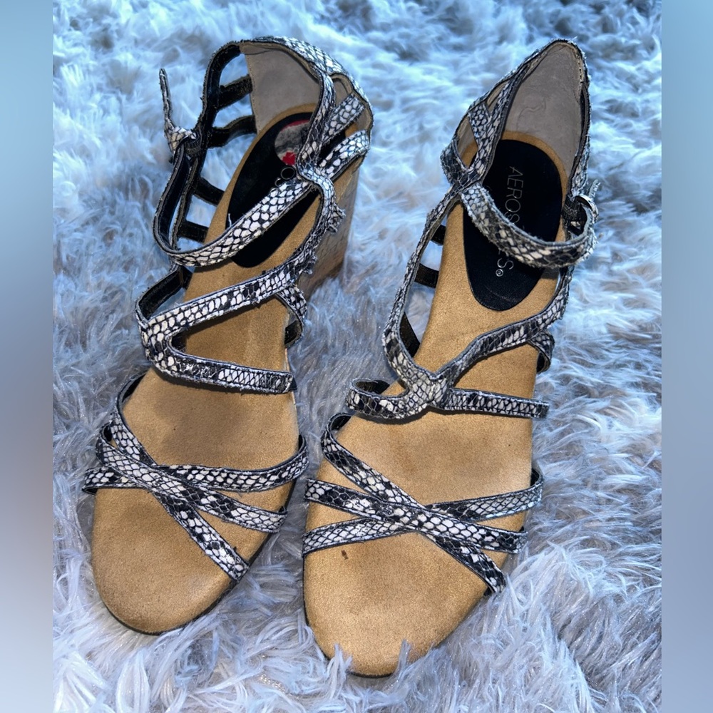 Aerosoles Broomstick Snake Print Leather Wedge strappy Sandals Women's 7.5